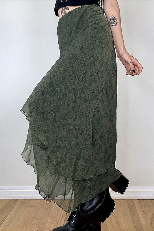 Floral Green Chiffon Irregular Maxi Skirt image 2