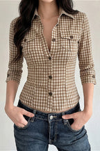 Plaid Waist Slim Five Quarter Sleeve Blouse image 1