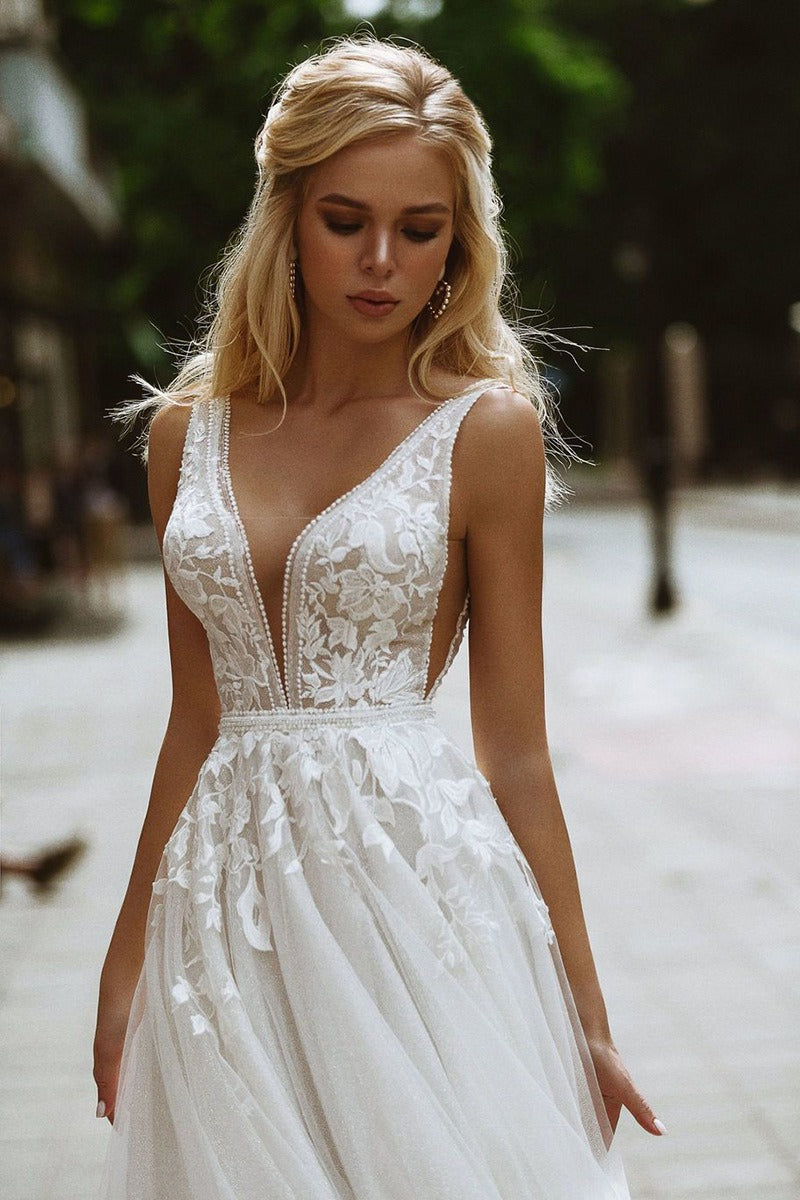 Minimal Deep V Backless Lace Wedding Dress image 3