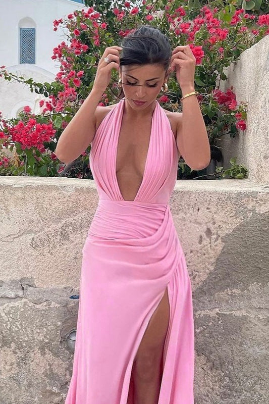 U Neck Halter Tie Ruched Slit Maxi Dress image 2