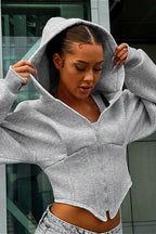 Chic Solid Cinched Uneven Short Hoodie image 1