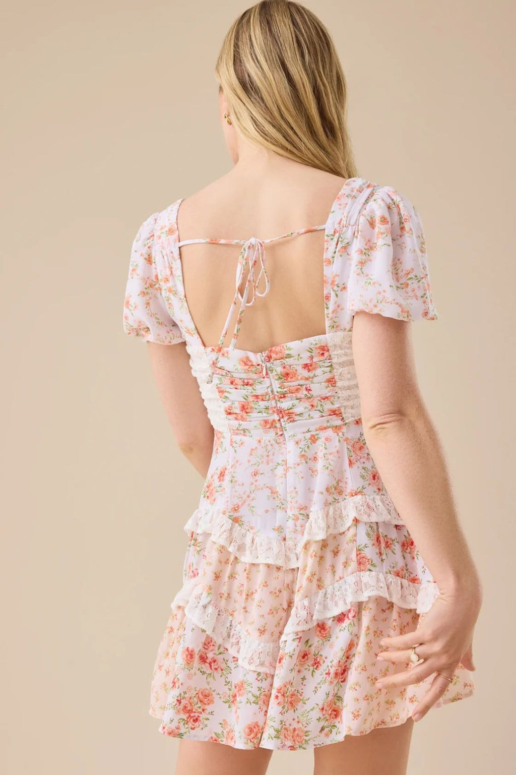 Floral Lace Patchwork V Neck Puff Short Sleeve Mini Dress image 22