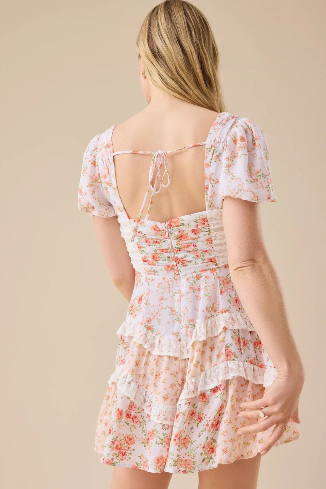 Floral Lace Patchwork V Neck Puff Short Sleeve Mini Dress image 22