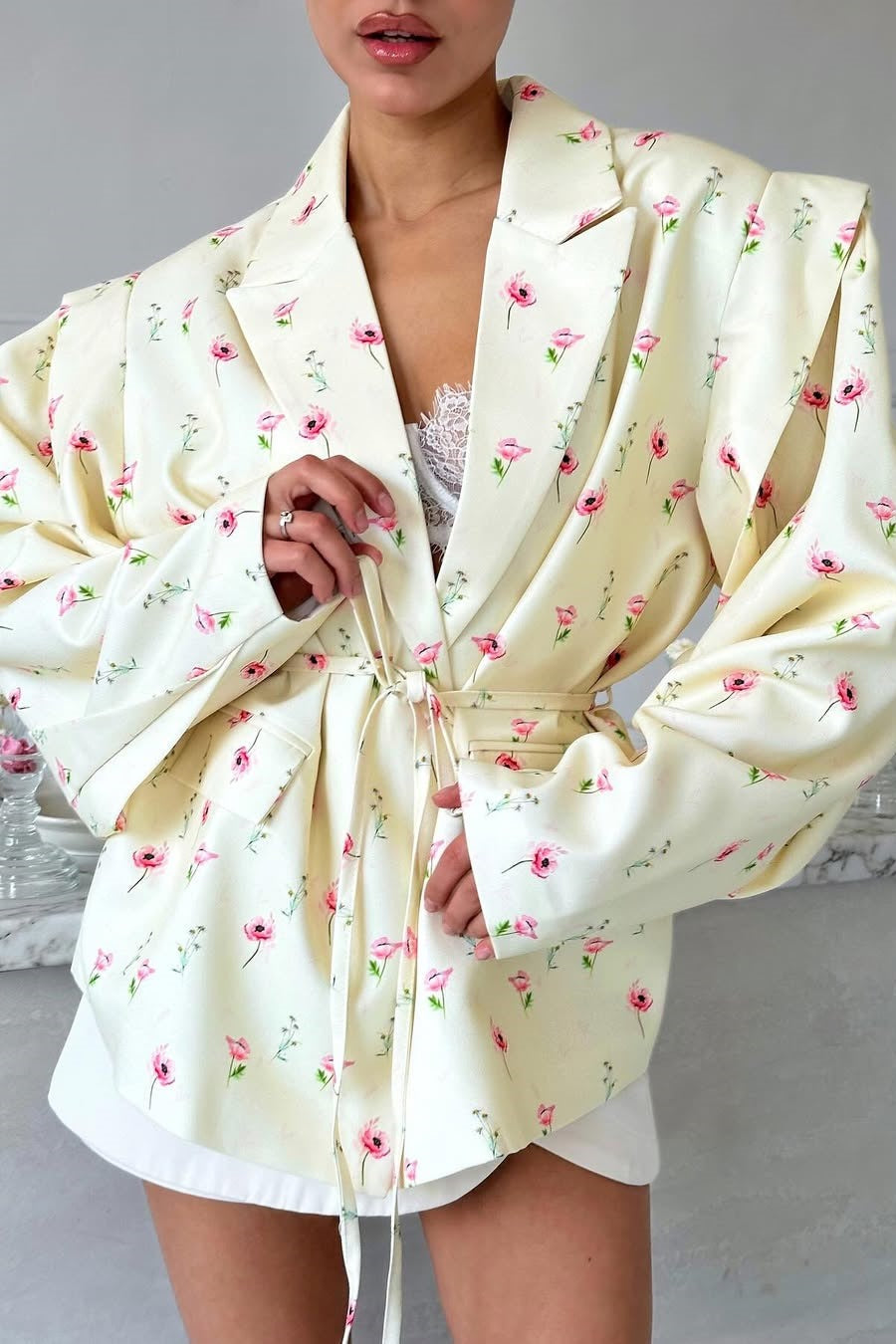 Long Sleeve Printed Waist Tie Blazer image 4