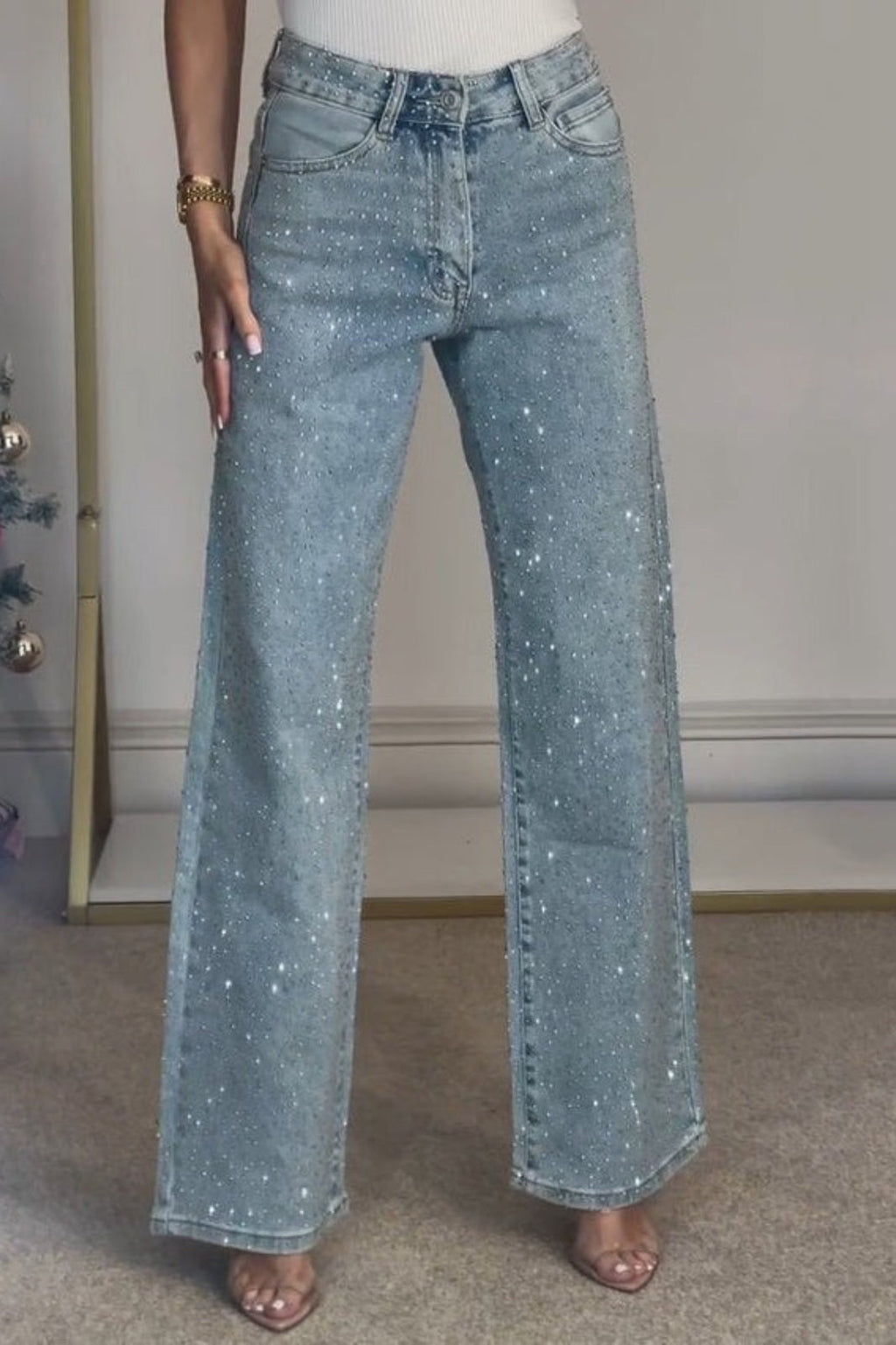 Rhinestone Washed High Waist Jeans image 3