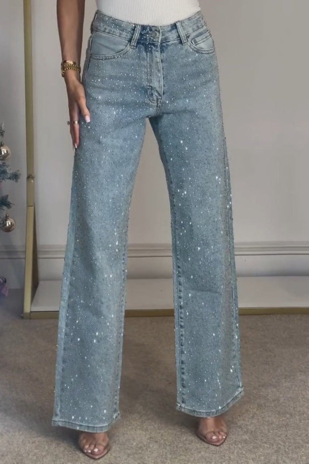 Rhinestone Washed High Waist Jeans image 3