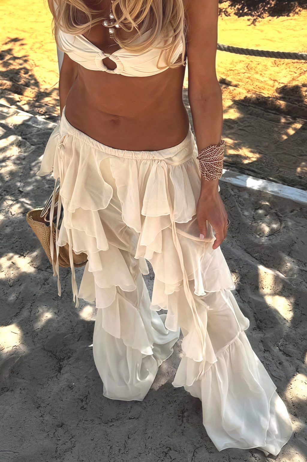 Lace Up Spliced Ruffle Flare Pants image 2