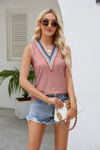 Maelle Eyelet Tank detail view styled for Avrienne