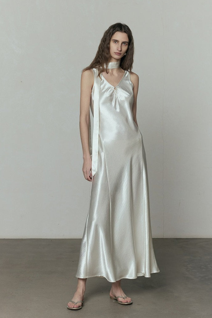 Simple Solid Satin V Neck Loose Maxi Dress image 2