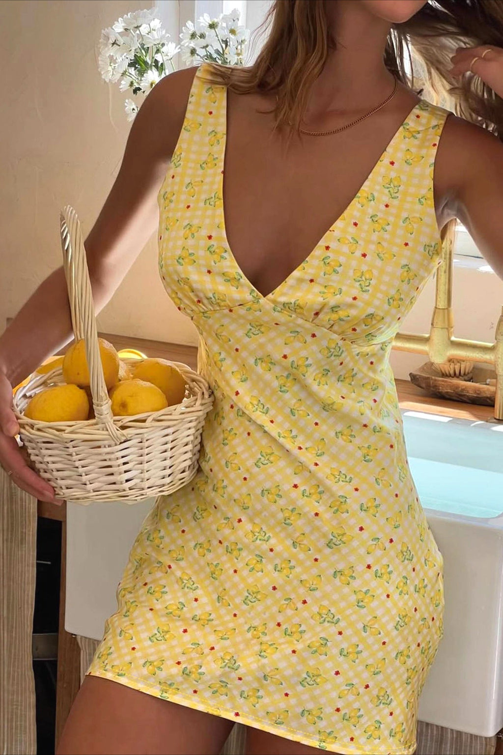 Plaid Floral Print V Neck A Line Mini Dress image 1
