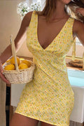 Plaid Floral Print V Neck A Line Mini Dress image 1