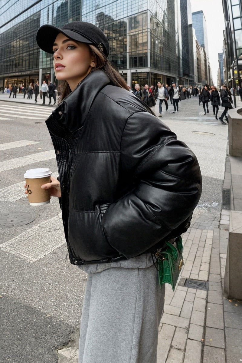 Cropped Faux Leather Insulated Puffer Jacket image 16