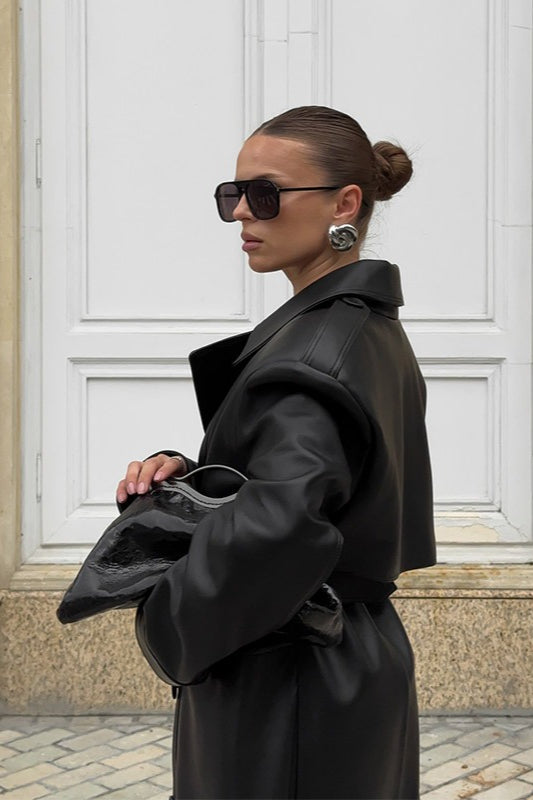 Knee-Length Heavy-Detail Faux Leather Overcoat image 6