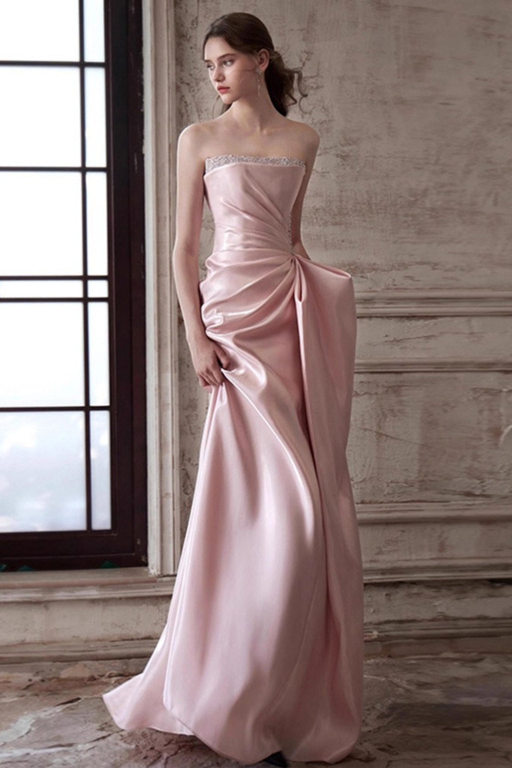 Pink Strapless Elegant Waist Slimming Prom Dress image 1
