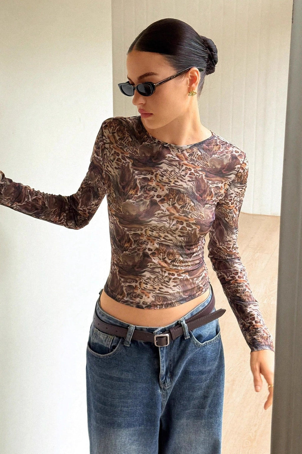 Mesh Sheer Leopard Print Slim Fit Long Sleeve Tee image 1