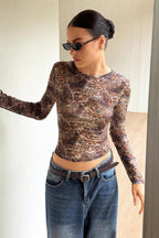 Mesh Sheer Leopard Print Slim Fit Long Sleeve Tee image 1