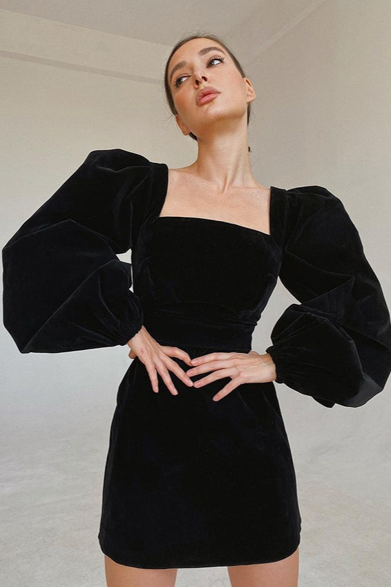 Vintage Puff Sleeve Velvet Black Mini Dress image 1