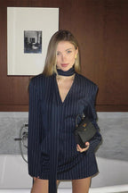 V Neck Striped Fitted Blazer Skirt Two Piece Set image 2