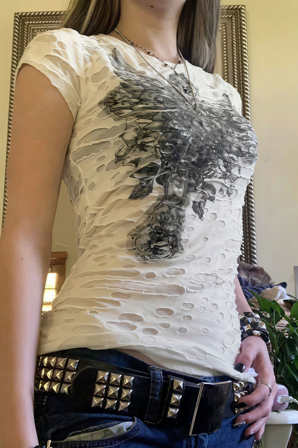 Gothic Dark Print Ripped Slim T-shirt image 2