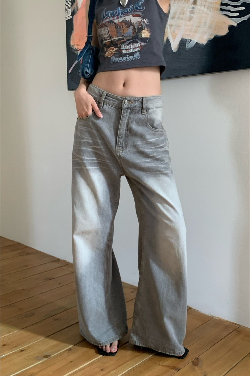Vintage Washed Whisker Wide Leg Denim Jeans image 4