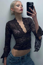 Slim-Fitting Short Open-Button Lace Long Sleeve Tee image 9