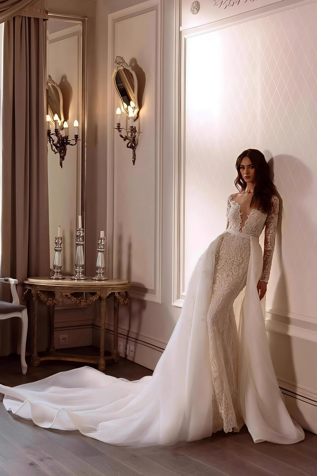 Lace Deep V Mermaid Detachable Train Wedding Dress image 4