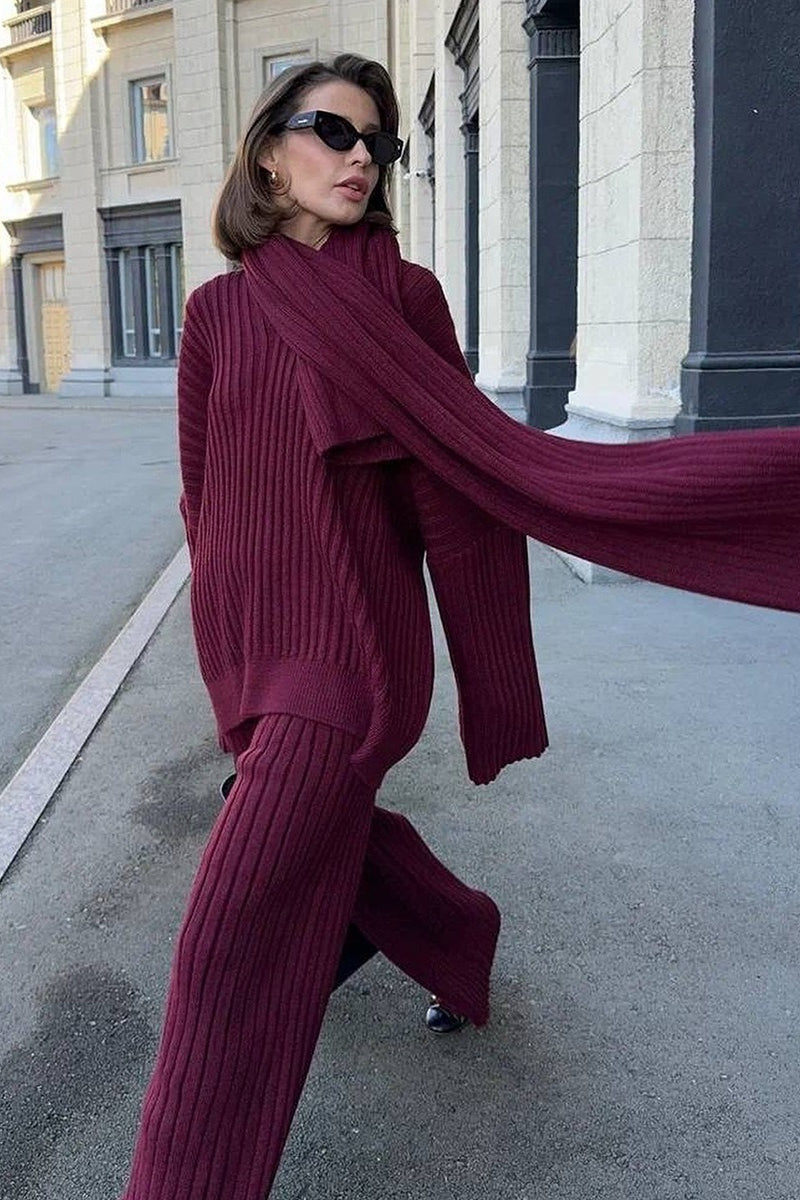 Relaxed Fit V Neck Ribbed Sweater with Pants Two Piece Pants Set image 1