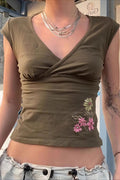 Cross V Neck Floral Embroidered T-shirt image 1