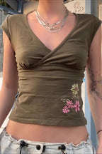 Cross V Neck Floral Embroidered T-shirt image 1