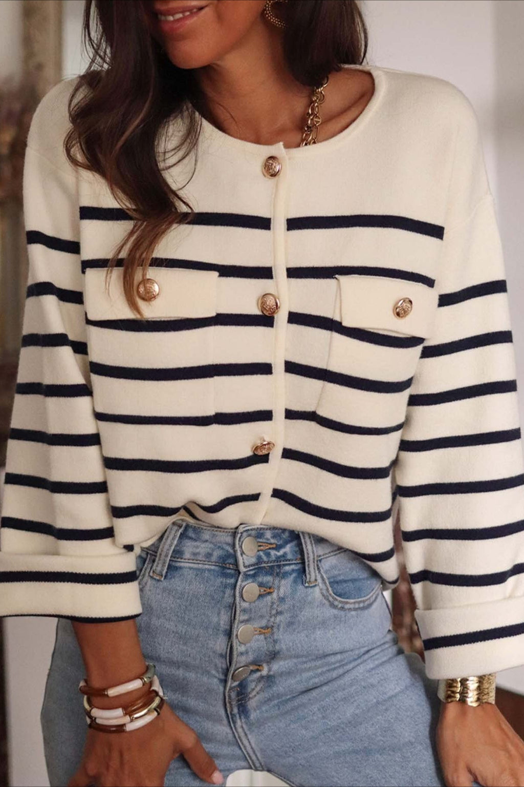 Stripe Button Long Sleeve Knit Blouse image 1
