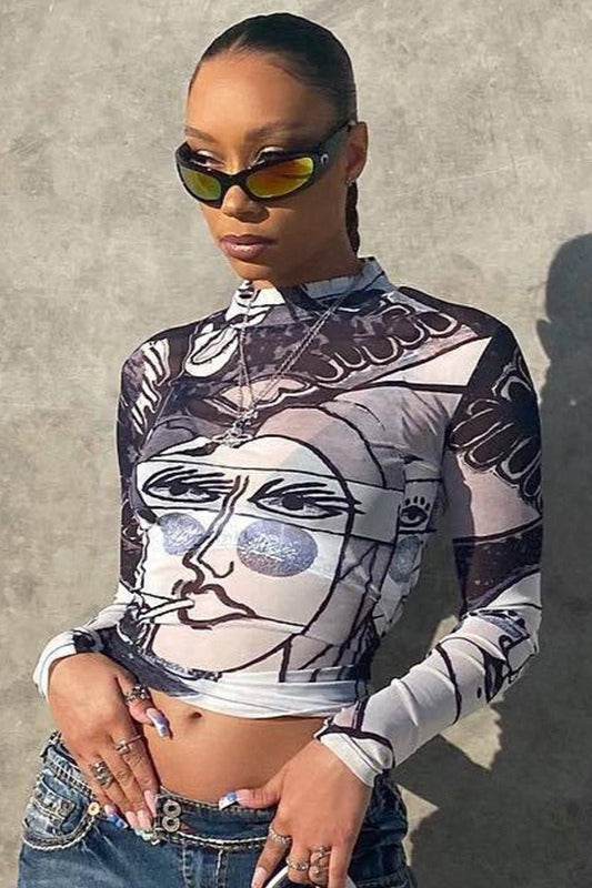Sexy Sheer Mesh Print Round Neck Long Sleeve Blouse image 4