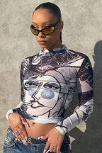 Sexy Sheer Mesh Print Round Neck Long Sleeve Blouse image 4