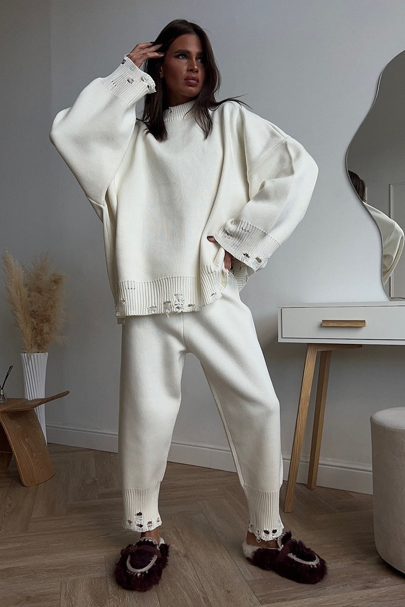 Solid Distressed Knit Crew Neck Sweater Two Piece Set image 5