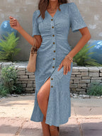 Sienna Eyelet Midi Dress detail view styled for Avrienne