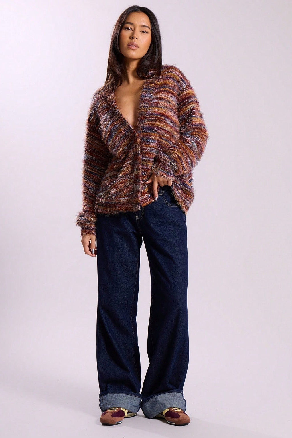 New Retro Fashion Deep V-Neck Maillard Plush Long-Sleeve Knit Cardigan image 3