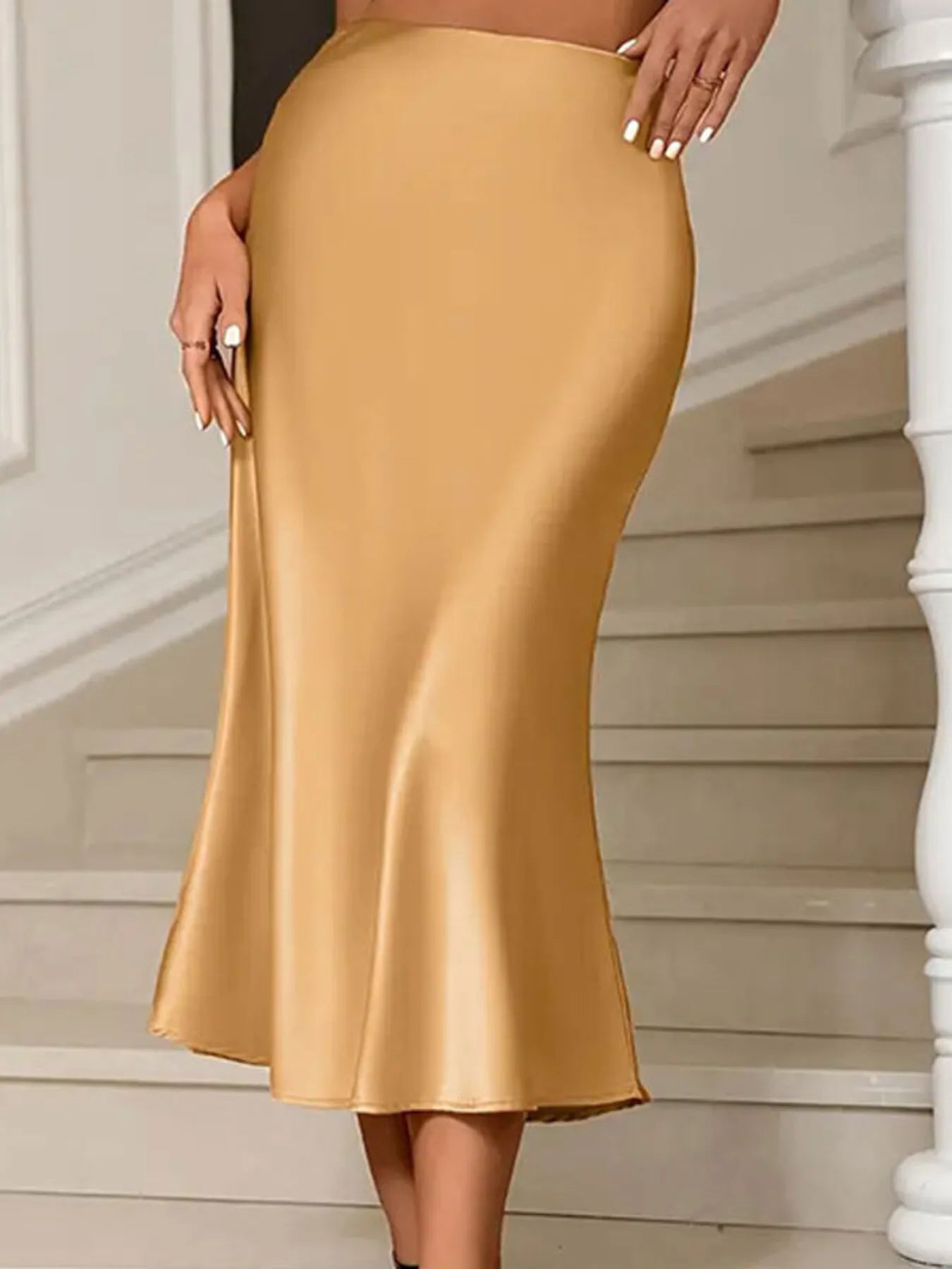 Seraphine Satin Skirt detail view styled for Avrienne