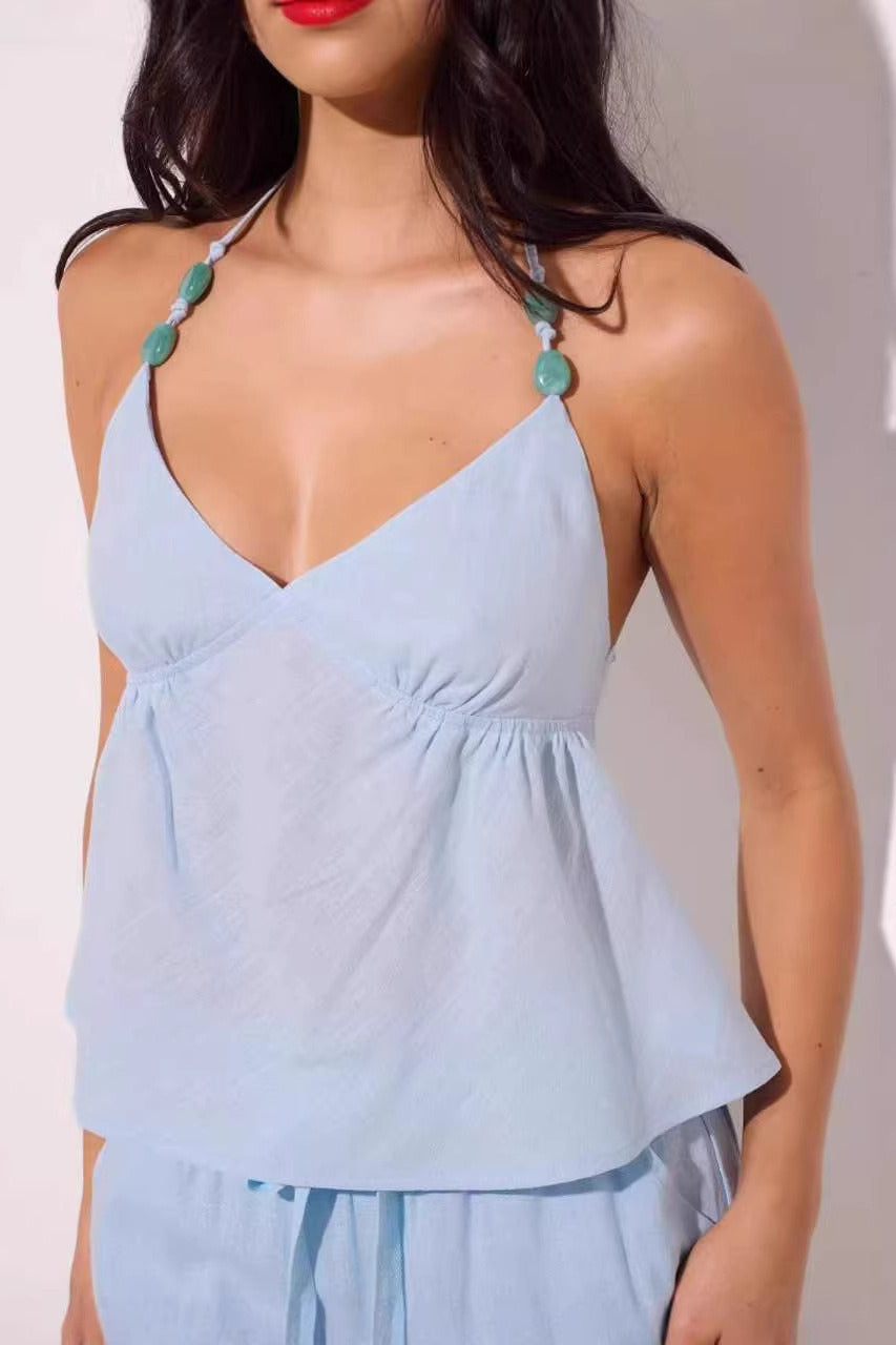 Minimalist Sexy Solid Beaded Halter Top image 10