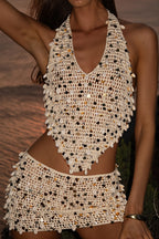 Shiny Sequin Cut Out Tie Back Top And Skirt Two Piece Set image 1