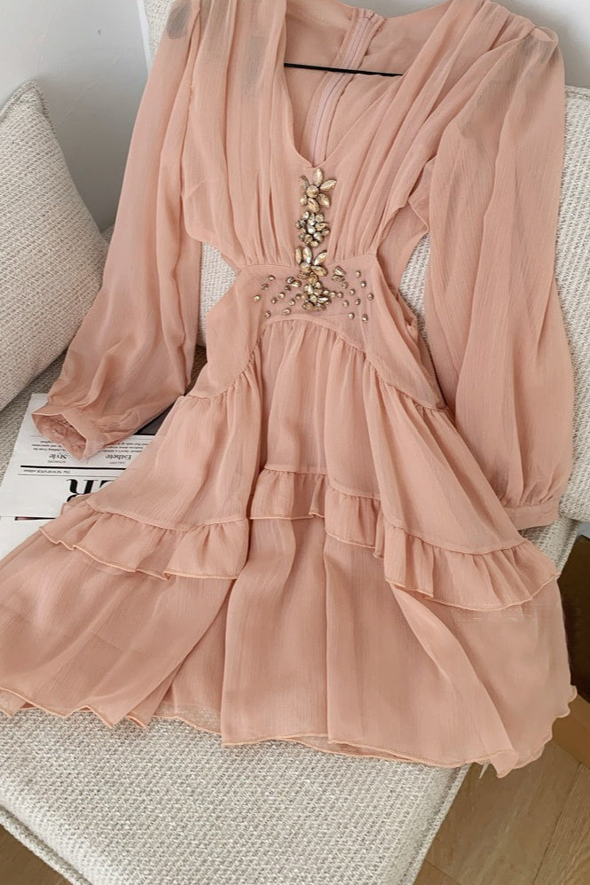 Elegant Deep V Cut Out Waist Rhinestone Chiffon Mini Dress image 6