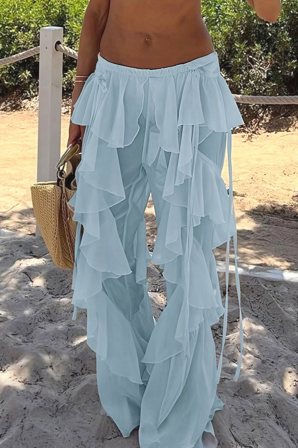 Lace Up Spliced Ruffle Flare Pants image 6
