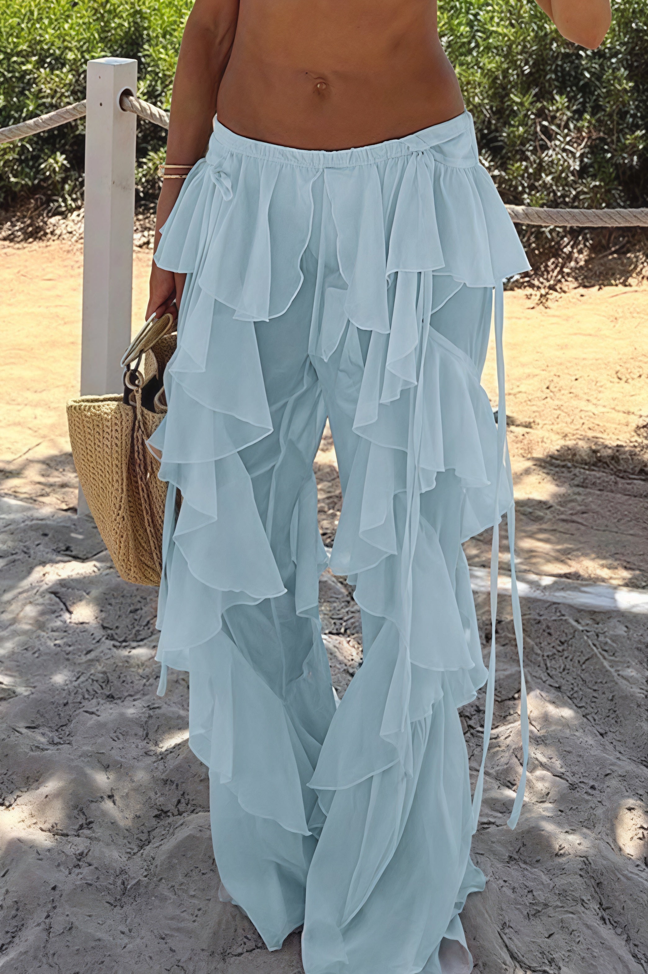 Lace Up Spliced Ruffle Flare Pants image 6