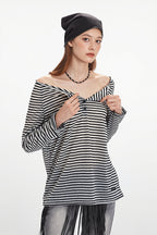 Striped Off Shoulder Long Sleeve T-shirt image 3