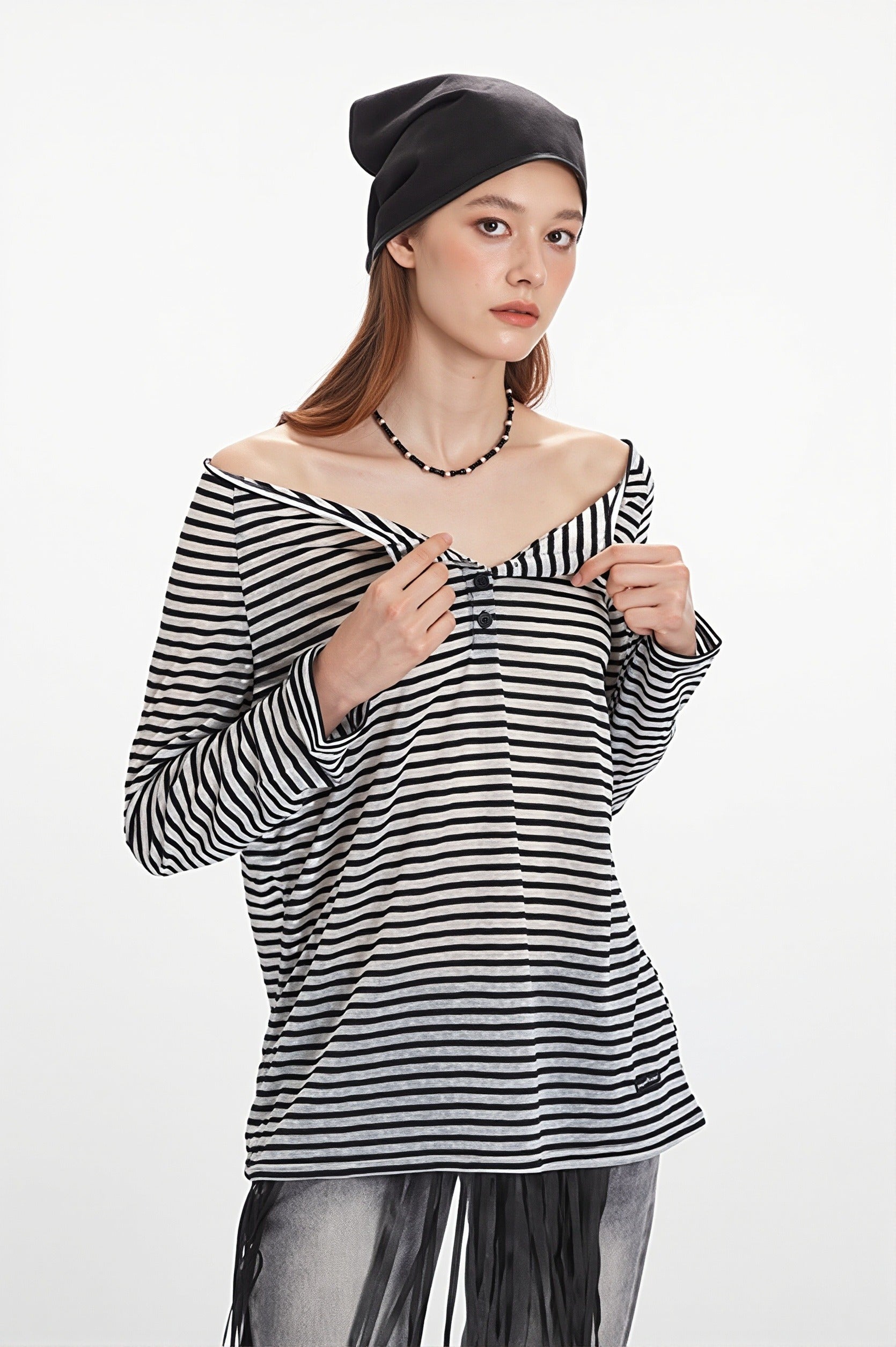 Striped Off Shoulder Long Sleeve T-shirt image 3