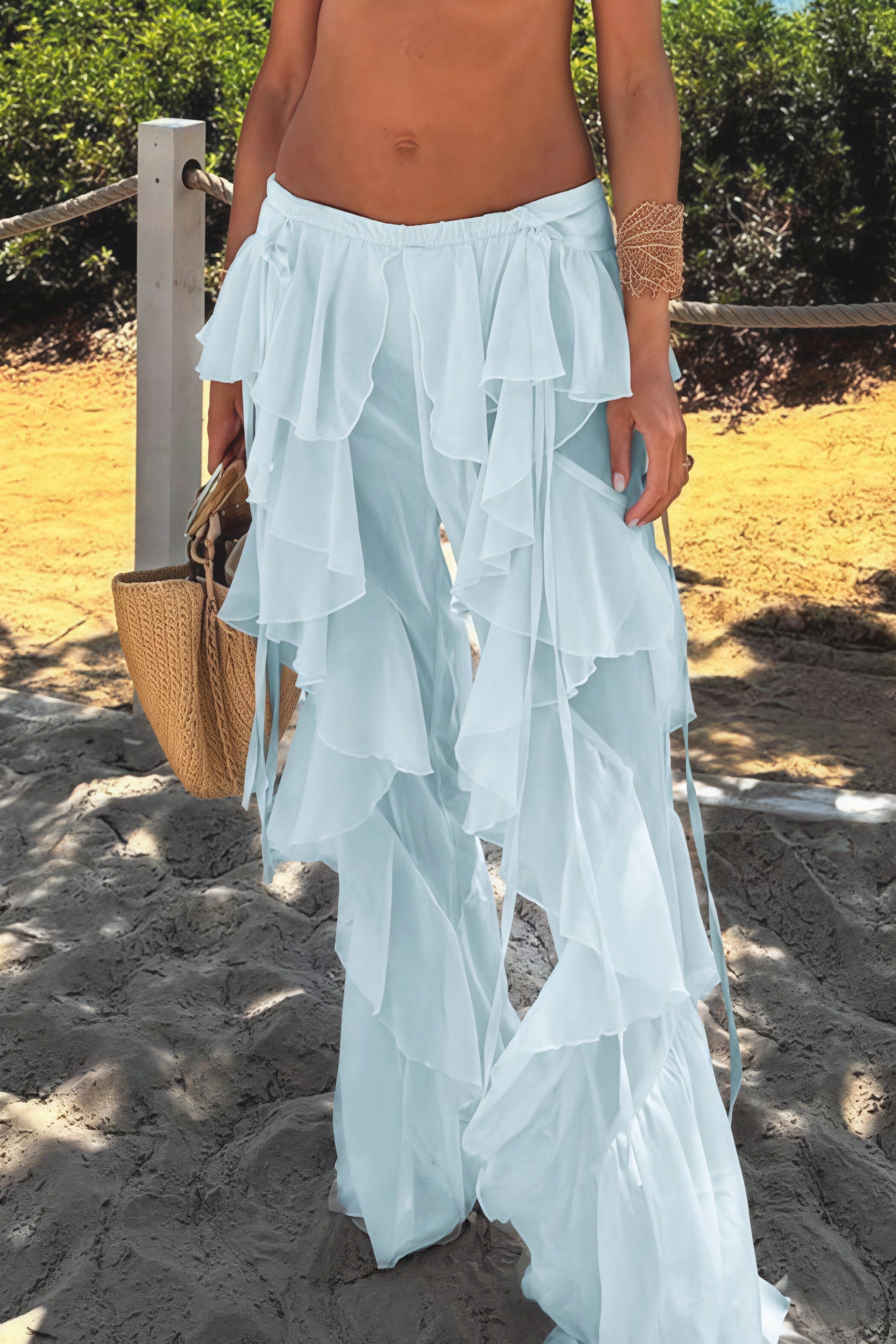 Lace Up Spliced Ruffle Flare Pants image 5