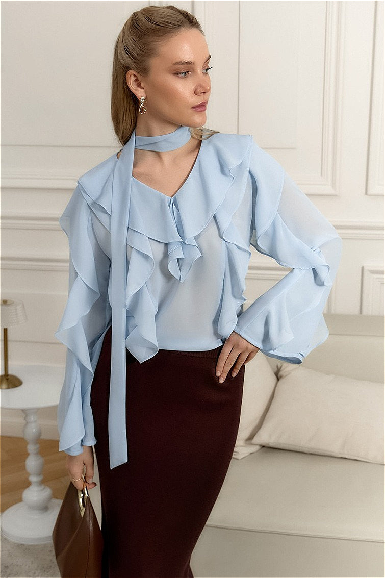 Elegant Solid Chiffon Ruffled Tie Blouse image 2