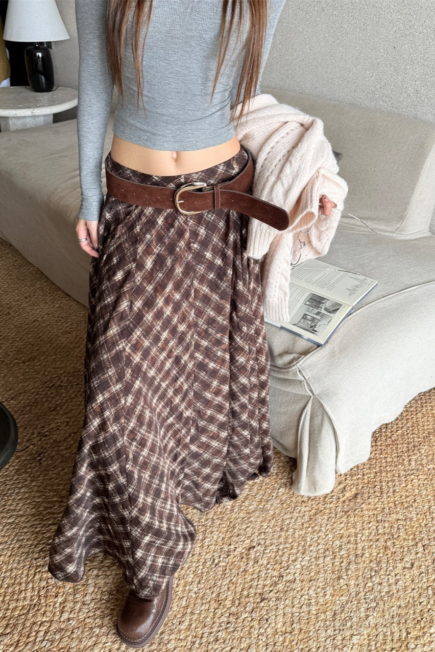Plaid Vintage Earthy Tones High Waist Flowy Midi Skirt image 4