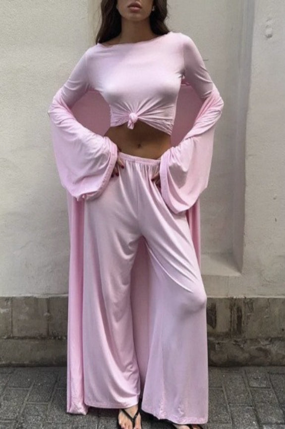 Solid Knit Flowly Long Sleeve Robe Three Piece Set image 8
