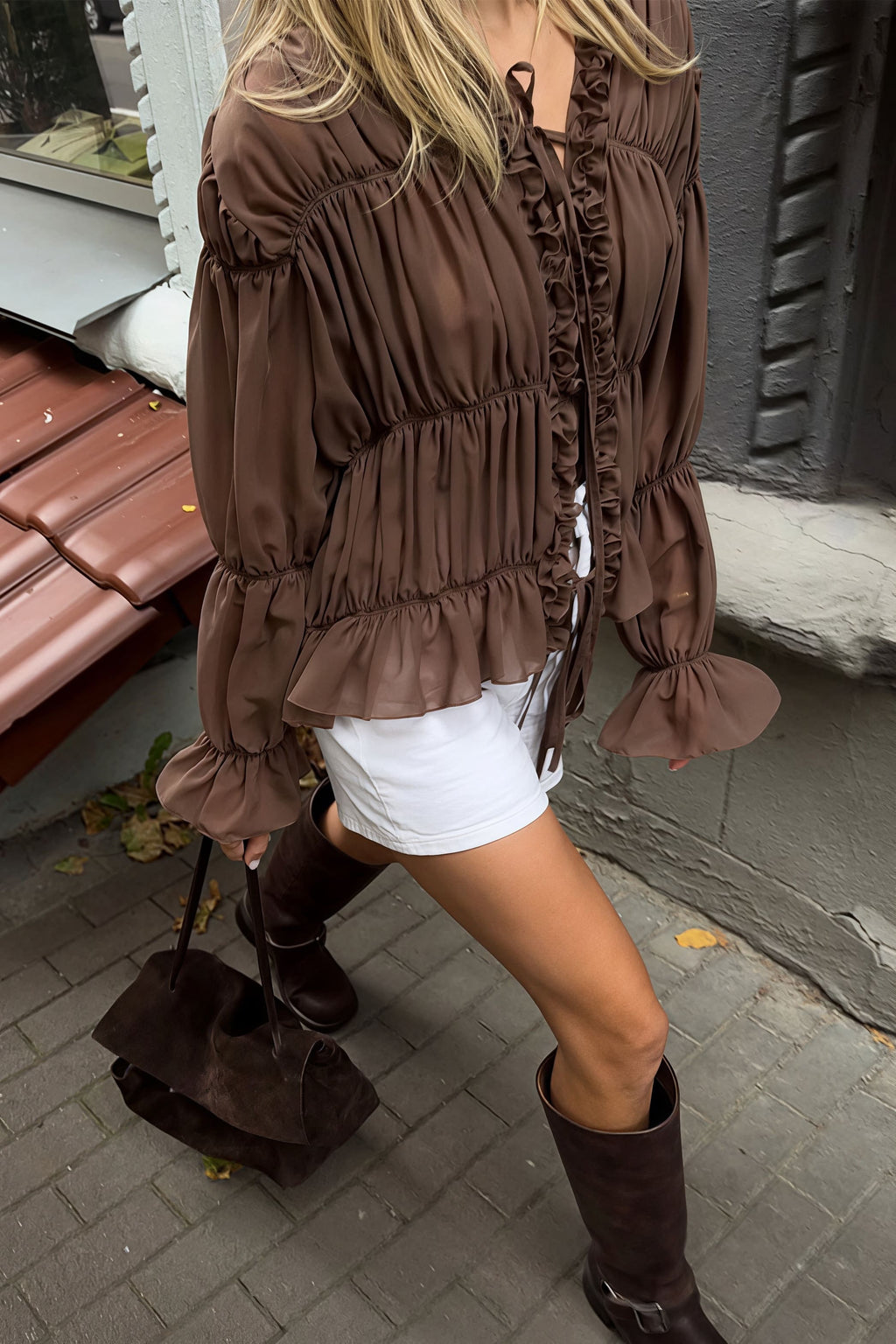Solid Ruched Ruffle Tie Blouse image 7