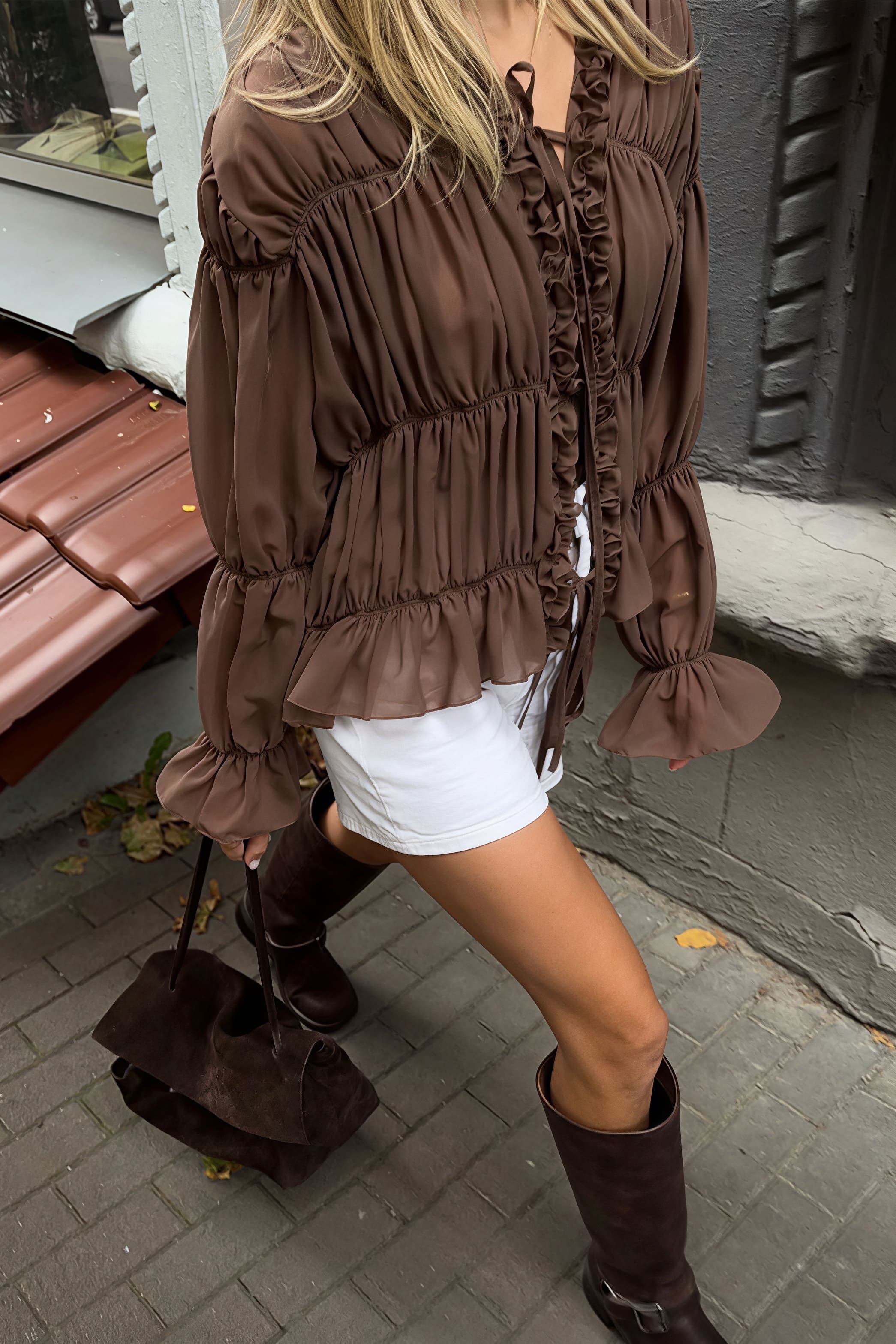 Solid Ruched Ruffle Tie Blouse image 7