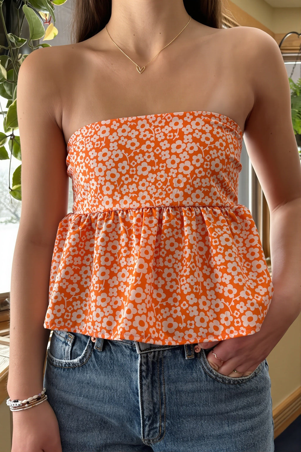 Floral Ruffle Strapless Cropped Blouse image 2